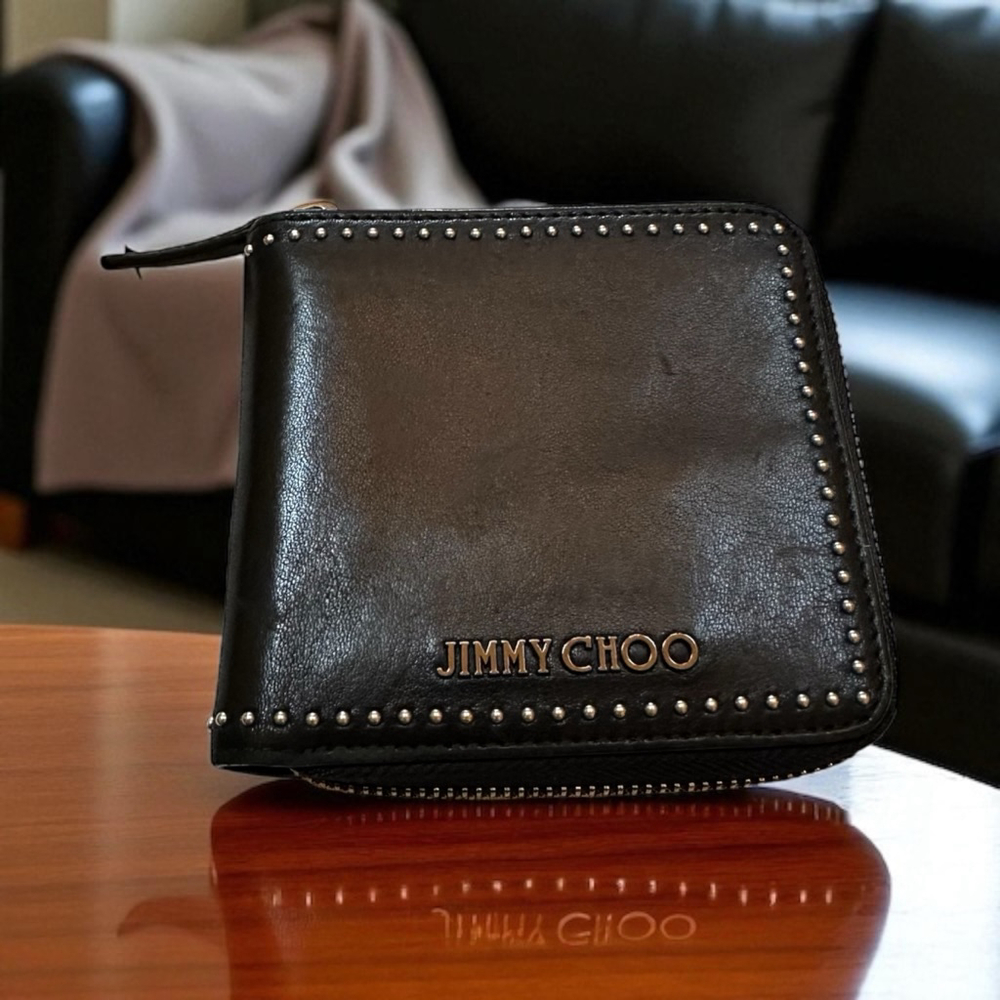 Jimmy Choo Black Leather Studded Compact Zip Wallet
